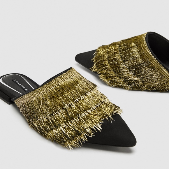 ZARA FLAT GOLD MULES WITH FRINGE FLAPPER SLIP ON - Picture 7 of 8